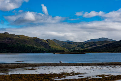 Scenic view of lake and mountains against sky