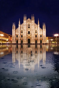 Reflection of building in water at night