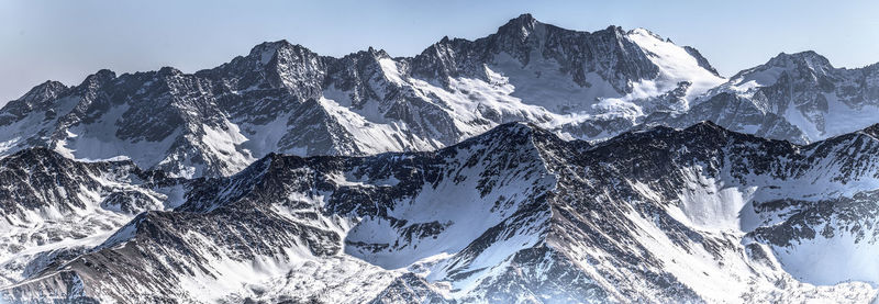 Panoramic view of snowcapped mountains against sky