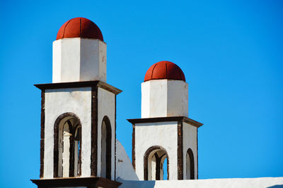 Low angle view of building against clear blue sky