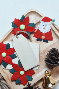 High angle view of christmas decorations on table