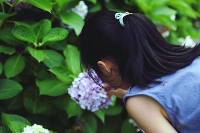 Close-up of girl looking at hydrangea flowers at park