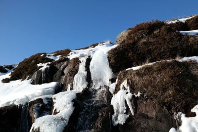 Low angle view of snow covered mountain against clear sky