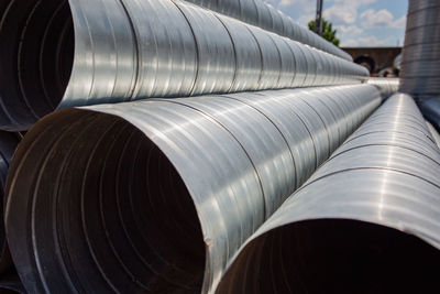 Ventilation pipe warehouse. steel pipes, parts for the construction of air ducts for an industrial