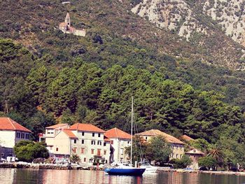 Boats moored at harbor