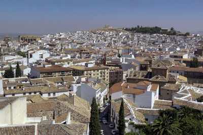 High angle shot of townscape against clear sky