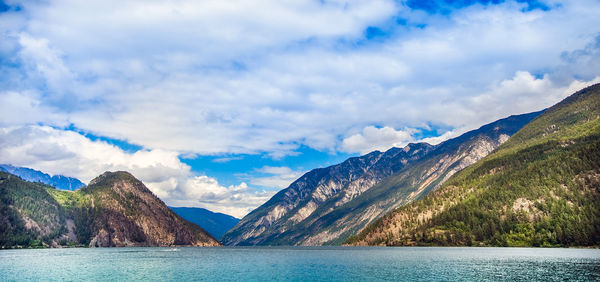 Scenic view of lake by mountains against sky