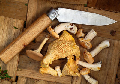 High angle view of mushrooms on wooden table