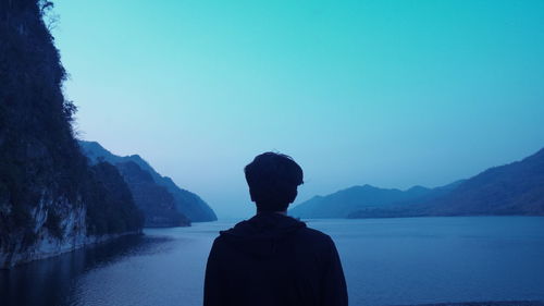 Rear view of man looking at sea against clear sky