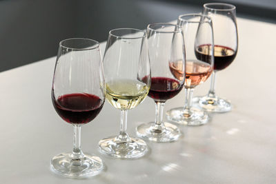 Close-up of wine glasses on table