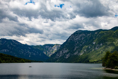 Scenic view of lake by mountains against sky