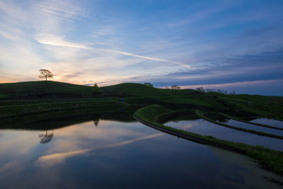 Scenic view of lake against sky during sunset