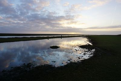 Scenic view of lake against sky during sunset
