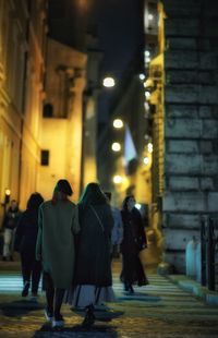 Rear view of people walking on street at night