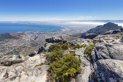 Scenic view of sea and mountains against sky