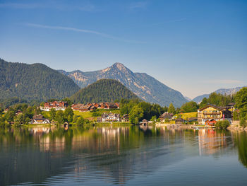 Scenic view of lake by buildings and mountains against sky