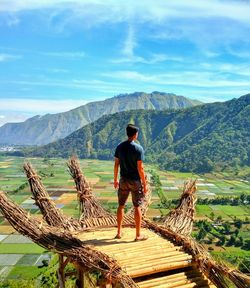 Rear view of man looking at mountains against sky