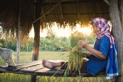 Senior farmer sitting on field