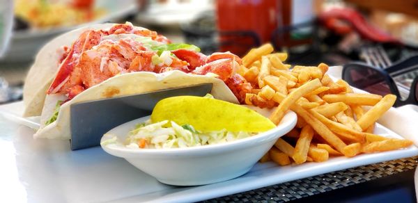 Close-up of food served on table