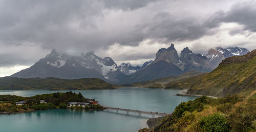 House on the island in lake pehoe, torres del paine national park, patagonia, chile