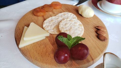 High angle view of strawberries in plate on table