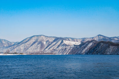 Scenic view of lake and mountains against clear blue sky