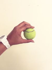 Close-up of hand holding apple against white background