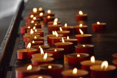 Close-up of lit candles in temple