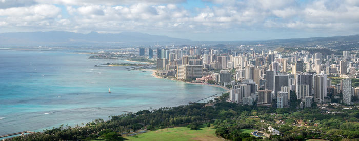 Wide panoramic shot of coastal city with azure waters, diamond head lookout ,honolulu, hawaii, usa