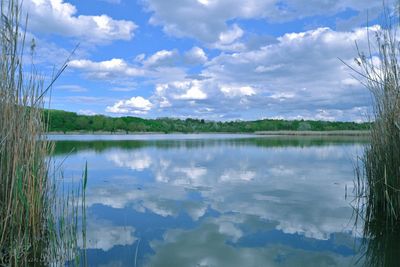Scenic view of lake against cloudy sky