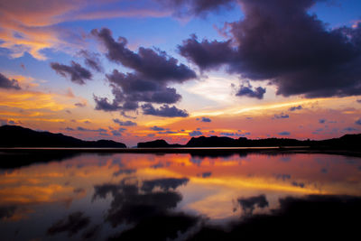 Scenic view of lake against romantic sky at sunset