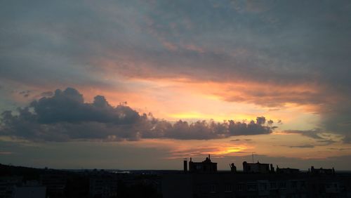 High angle view of silhouette buildings against sky during sunset