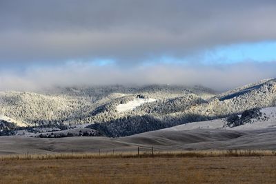 Scenic view of snowcapped field against sky