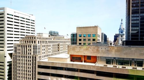 Low angle view of buildings against clear sky