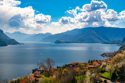The lake como, photographed in santa maria rezzonico, with bellagio, and mountains.