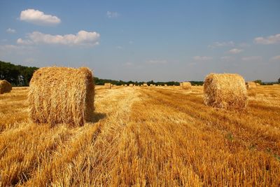 Hay bale on field against sky