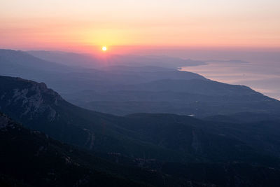 Scenic view of mountains against sky during sunset