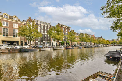 Boats in river against sky