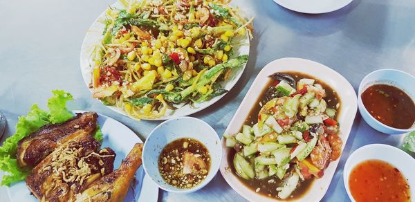 High angle view of meal served on table