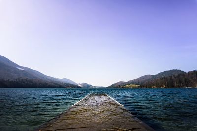 Scenic view of lake against clear blue sky