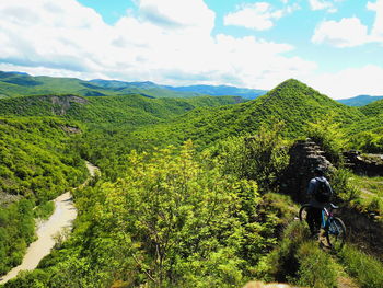 Scenic view of green landscape and mountains against sky