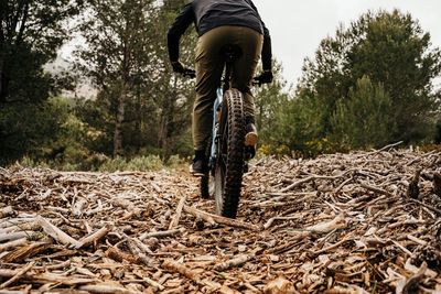 Cyclist riding bike on rocky path in forest