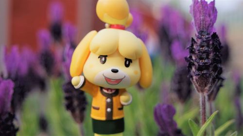 Close-up of toy on purple flowering plants