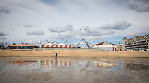 View of amusement park by sea against sky