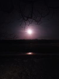 Silhouette bare tree by lake against sky at night