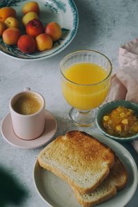 High angle view of breakfast on table