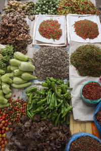 High angle view of various vegetables for sale at market