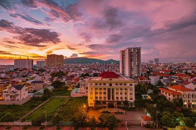 High angle view of townscape against sky during sunset
