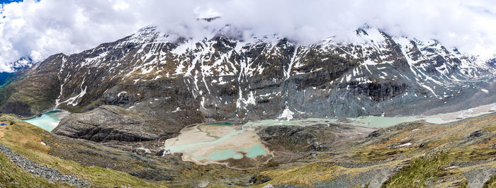 Scenic view of snow covered mountains against sky