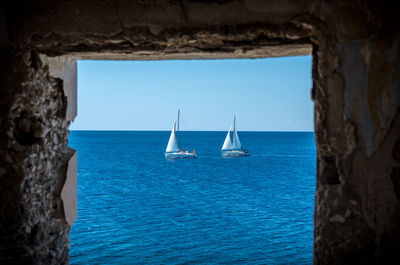 Sailboats sailing in sea against clear blue sky